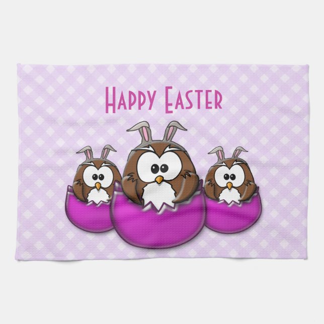 Easter owl - pink kitchen towel (Horizontal)