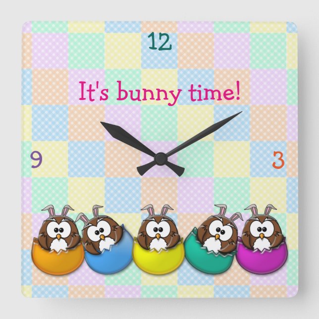 Easter owl - rainbow square wall clock (Front)