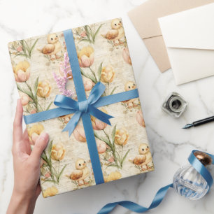 Easter Paper, Tulips & Baby Chicks on Beige Wrapping Paper