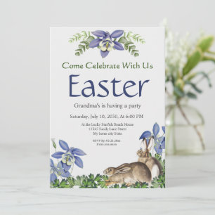 Easter Party Stylish Blue Floral Rabbit Watercolor