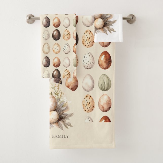 Easter Pastel Easter Eggs Design in Cream & Brown Bath Towel Set (Insitu)
