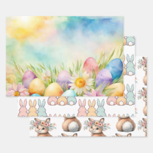 Easter: Pastel eggs flowers, bunnies, cute rabbits Wrapping Paper Sheet