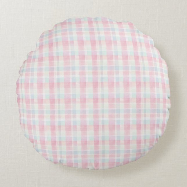 Easter Pastel Plaid Seamless Fabric – Cute  Round Pillow (Front)