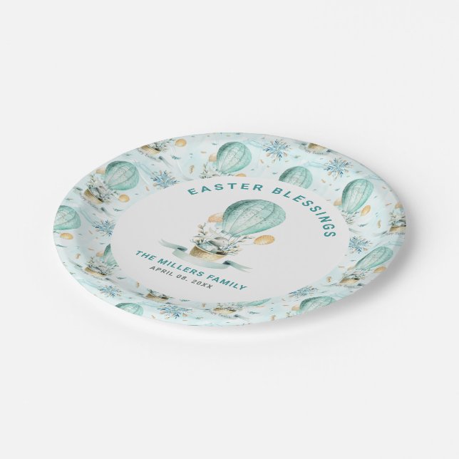 Easter pattern, bunny in a balloon, custom text paper plate (Angled)