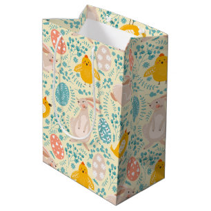 Easter pattern with eggs, bunny, chick, flowers  medium gift bag