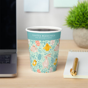 Easter pattern with eggs, bunny, chick, flowers  paper cups