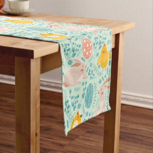 Easter pattern with eggs, bunny, chick, flowers  short table runner