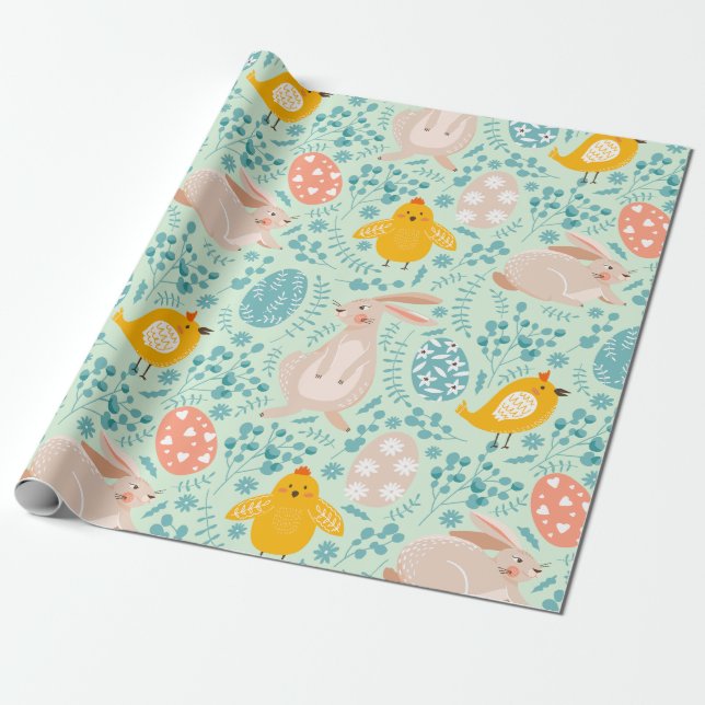 Easter pattern with eggs, bunny, chick, flowers  wrapping paper (Unrolled)