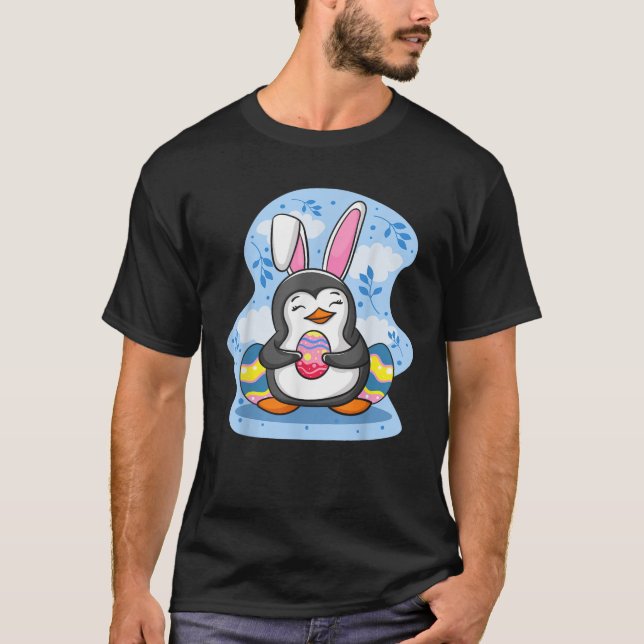 Easter Penguin Holding Egg Cute Bunny Ears Penguin T-Shirt (Front)