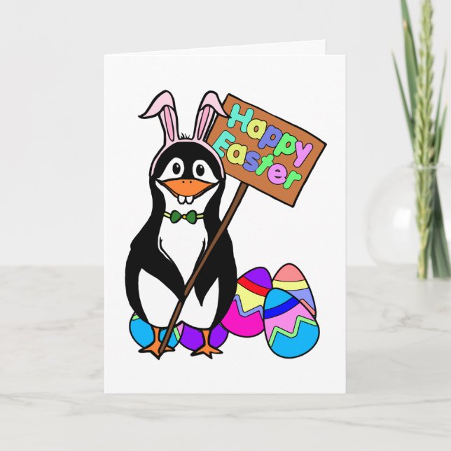Easter Penguin with Coloured Eggs Holiday Card (Front)