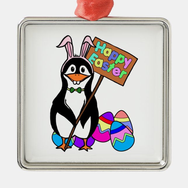 Easter Penguin with Coloured Eggs Metal Ornament (Front)
