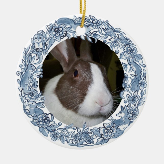 Easter Pet Photo Blue, White Rabbit Dog Cat Custom Ceramic Ornament (Front)