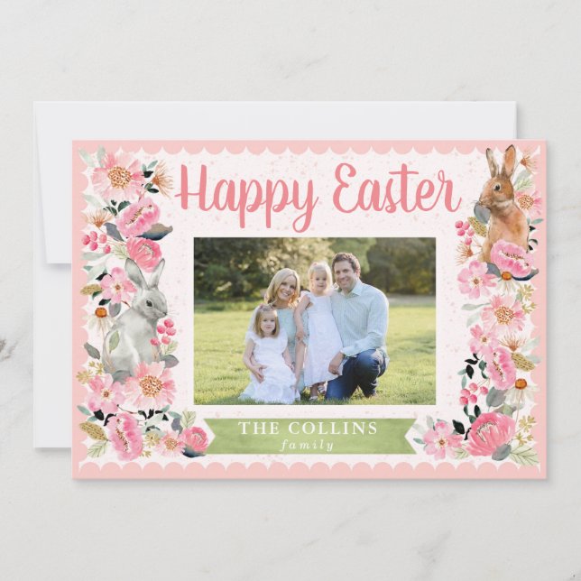 Easter Photo Family with Bunny Floral Pink Card (Front)