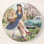 Easter Pin-Up Coaster | Vintage Gloss<br><div class="desc">Elevate your coffee break with this vintage-style ceramic coaster.
Please note: This artwork was created with the help of AI [cite: 2026-03-03]. You can easily change or remove the text to personalize it for your home or as a gift. Features a glossy finish that makes the colors pop.</div>