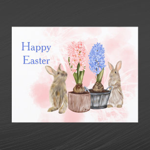 Easter Pink Blue Rabbits Floral Basket Holiday Postcard