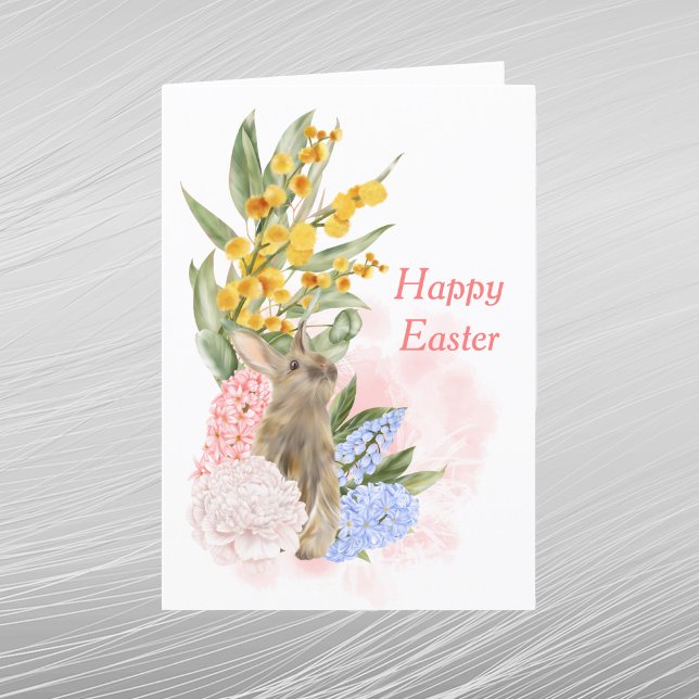 Easter Pink Blue Yellow Rabbit Floral  Holiday Card (Creator Uploaded)
