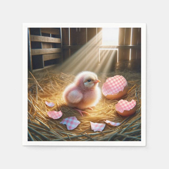 Easter Pink Chick With Gingham Eggshell Napkin (Front)