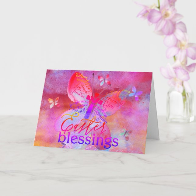 Easter pink purple watercolor butterfly cross card (Orchid)