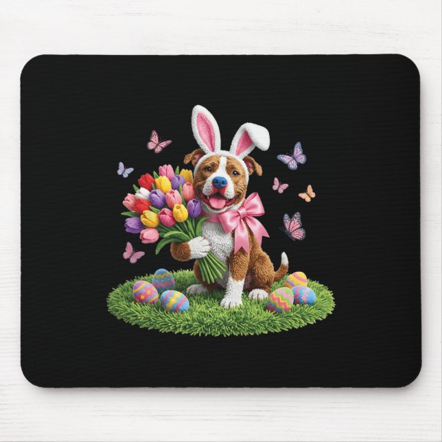 Easter Pitbull Dog Mom Spring Easter Bunny Tulips  Mouse Pad (Front)