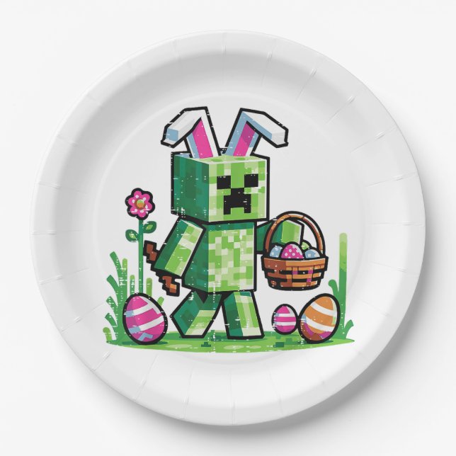 Easter Pixel Gaming Bunny Egg Hunting Paper Plate (Front)