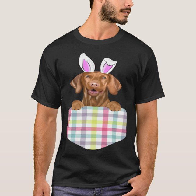Easter Plaid Vizsla Bunny Dog In Pocket T-Shirt (Front)