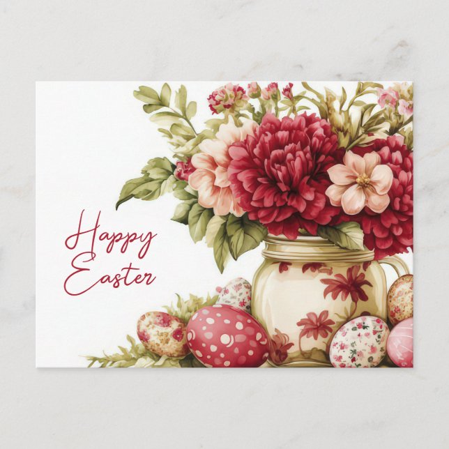 Easter Postcard with Easter Eggs and Flowers (Front)
