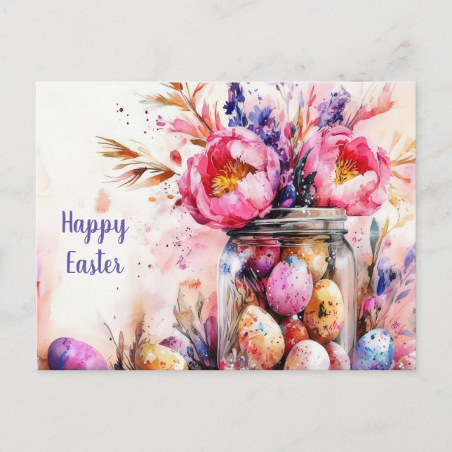 Easter Postcard with Easter Eggs and Flowers (Front)