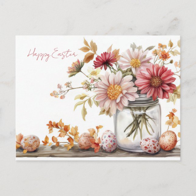 Easter Postcard with Easter Eggs and Flowers (Front)