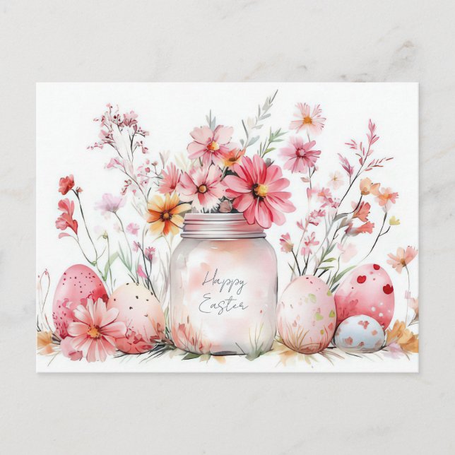 Easter Postcard with Easter Eggs and Flowers (Front)