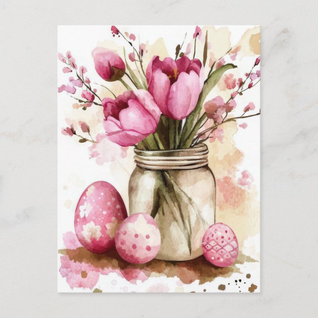 Easter Postcard with Easter Eggs and Flowers (Front)