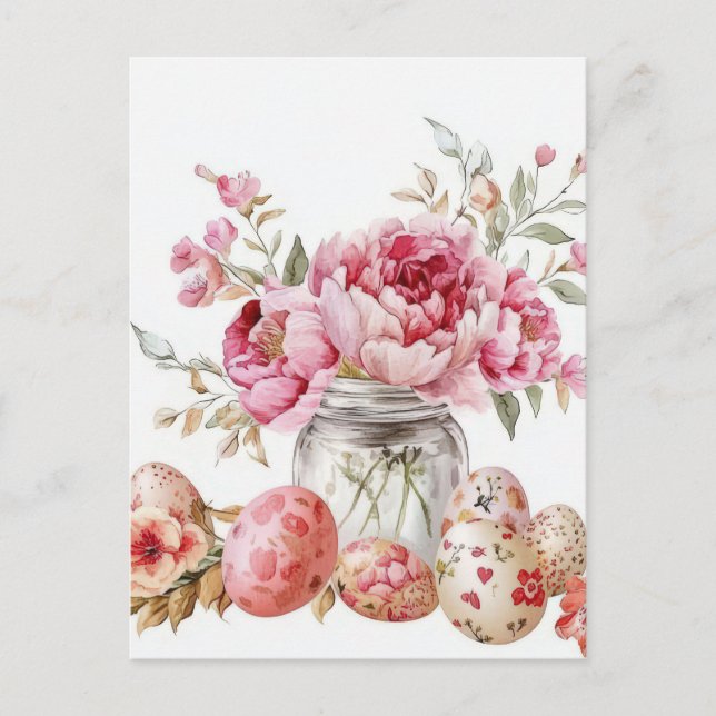 Easter Postcard with Easter Eggs and Flowers (Front)