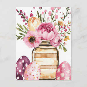 Easter Postcard with Easter Eggs and Flowers