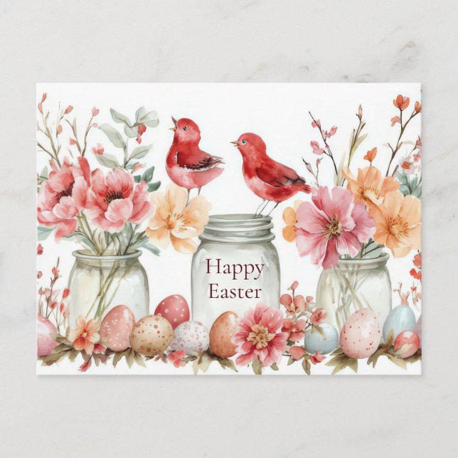 Easter Postcard with Easter Eggs and Flowers (Front)