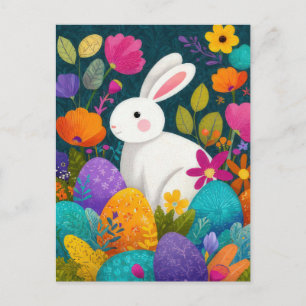 Easter Postcard with Flowers and Easter Bunny