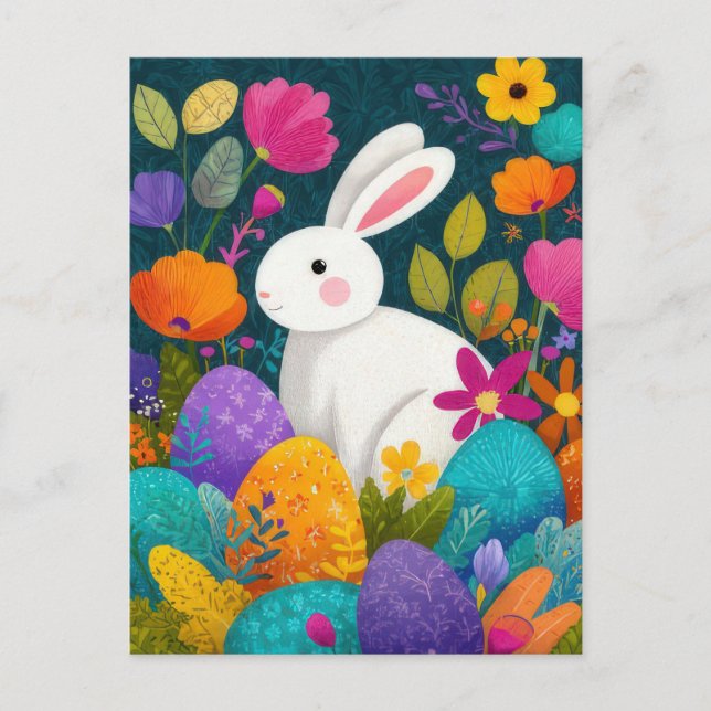 Easter Postcard with Flowers and Easter Bunny (Front)