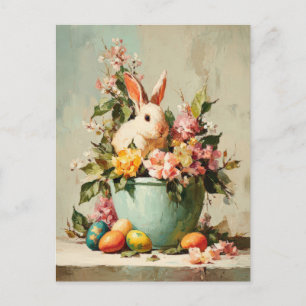 Easter Postcard with Flowers and Easter Bunny