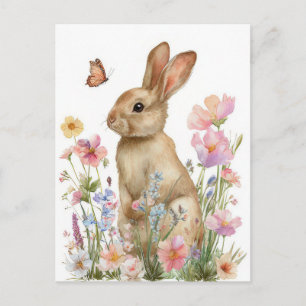 Easter Postcard with Flowers and Easter Bunny