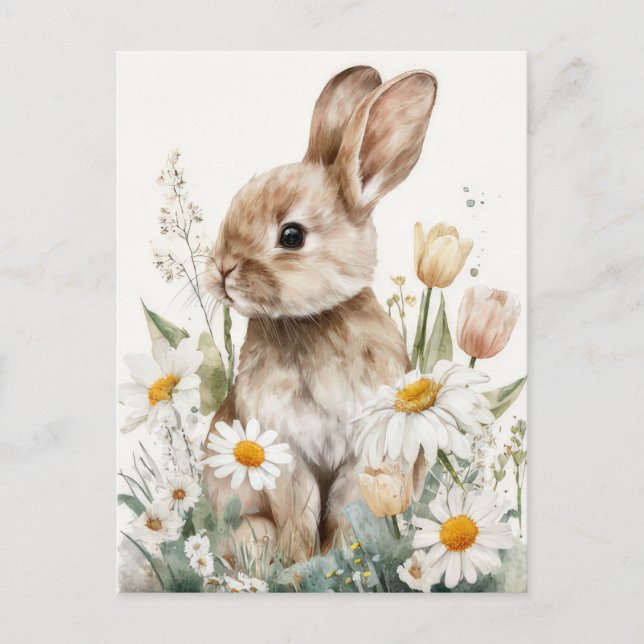 Easter Postcard with Flowers and Easter Bunny (Front)