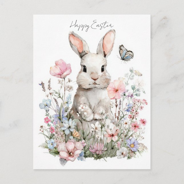Easter Postcard with Flowers and Easter Bunny (Front)