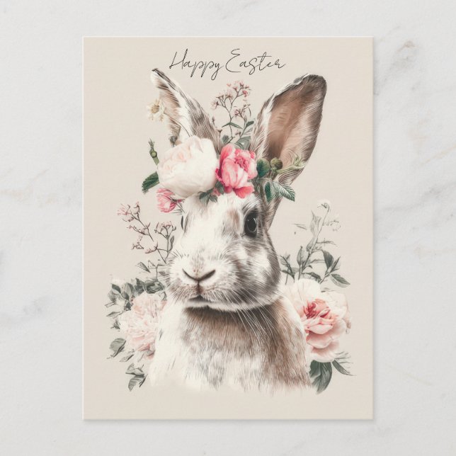 Easter Postcard with Flowers and Easter Bunny (Front)