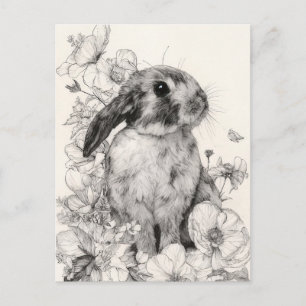 Easter Postcard with Flowers and Easter Bunny