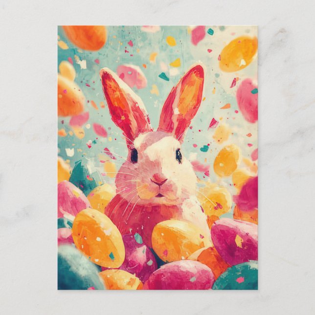 Easter Postcard with Flowers and Easter Bunny (Front)