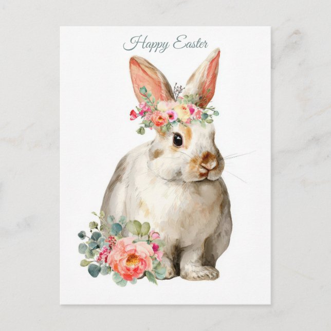 Easter Postcard with Flowers and Easter Bunny (Front)