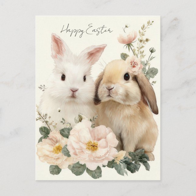 Easter Postcard with Flowers and Easter Bunny (Front)
