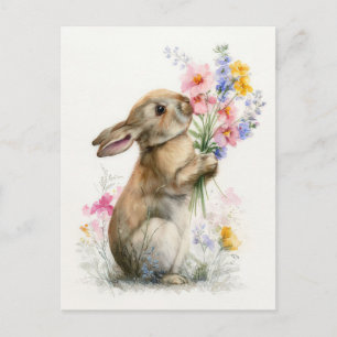 Easter Postcard with Flowers and Easter Bunny