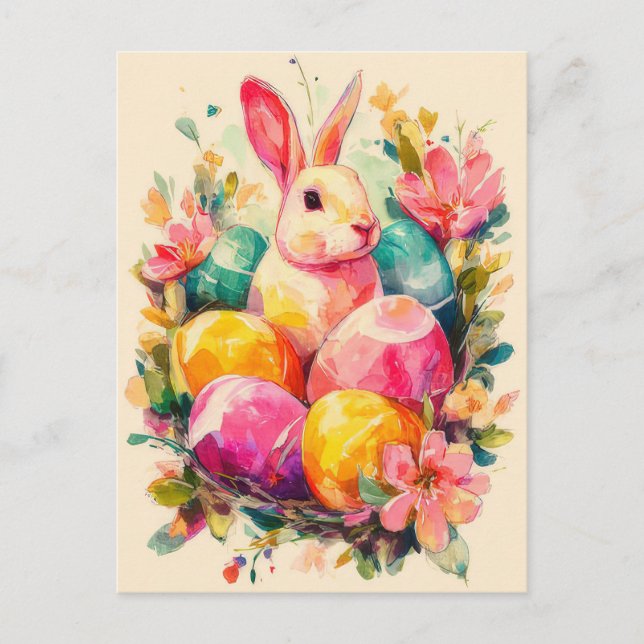 Easter Postcard with Flowers and Easter Bunny (Front)