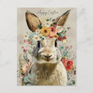 Easter Postcard with Flowers and Easter Bunny