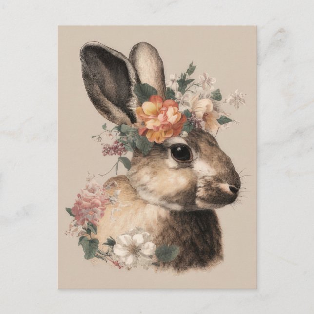 Easter Postcard with Flowers and Easter Bunny (Front)