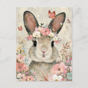 Easter Postcard with Flowers and Easter Bunny