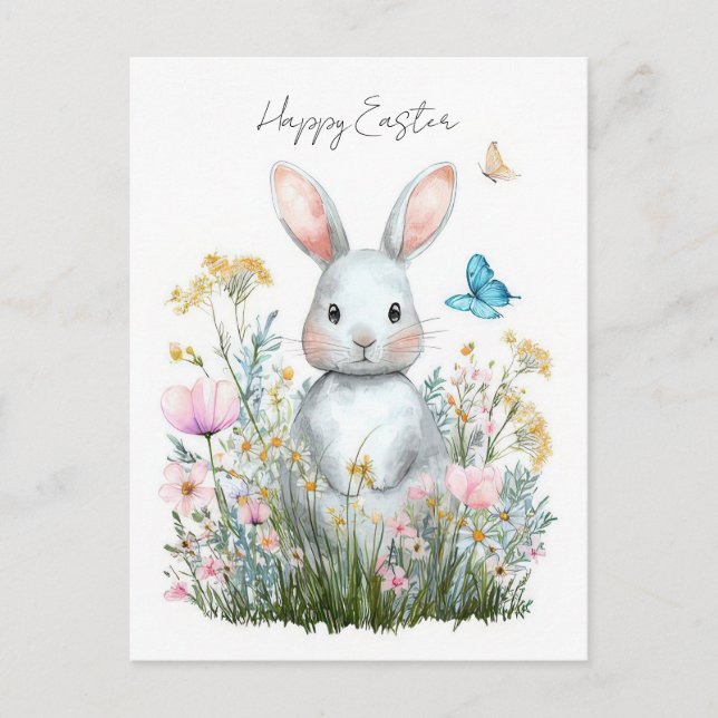 Easter Postcard with Flowers and Easter Bunny (Front)
